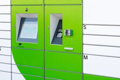 Close up of parcel locker touchscreen terminal Stock Photos