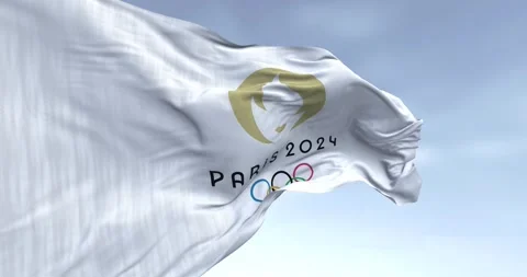 Close-up of Paris 2024 flag waving in the wind on a clear day. Stock Footage 266439166