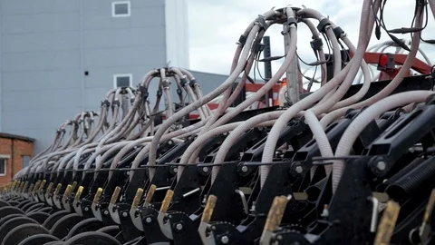 Close-up of part of agricultural machine is pneumatic seed drill 库存影片 98106473