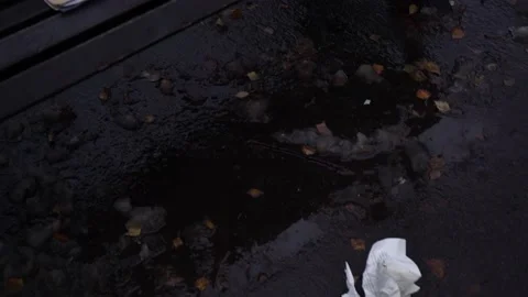 Close-up part bench park which scattered and crumpled sheets paper lie,letters Stock Footage 226264817