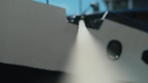 Close up of part of moored passenger ship. bow of ship with rope near shore with Stock Footage 280229630