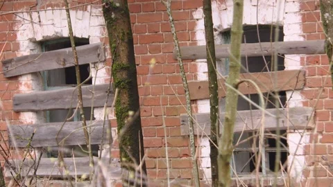 Close up of partially boarded up windows of abandoned brick house. Stock Footage 220592903