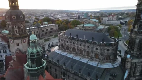 Close pass by Semperoper towers and rooftop statues Stock Footage 331217673