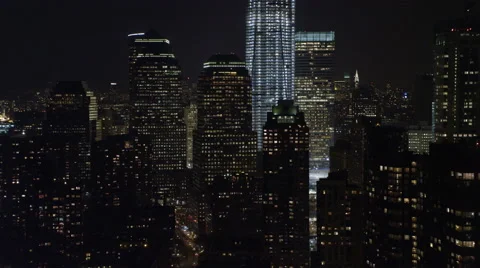 Close past buildings in New York Financial District at night. Shot in November Stock Footage 59171938