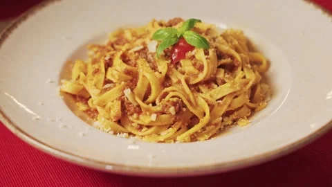 Close up of pasta  with red bolognese sauce Stock Footage 331069554