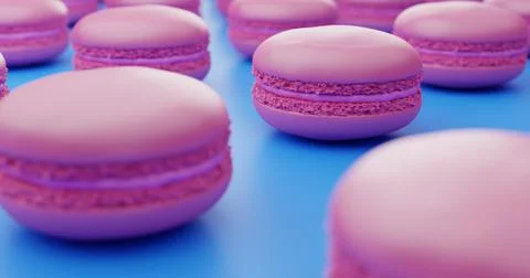 Close up of pastel pink macarons distributed in lines on blue background Stock Illustration
