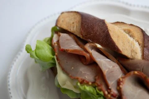 Close up Pastrami Sandwich , Laugen Bread Stock Photos