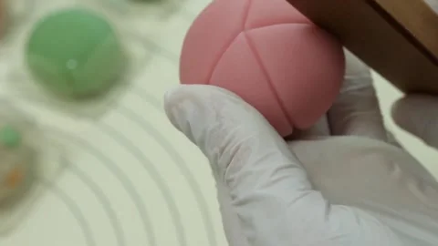 Close-up of Pastry Chef Shaping Traditional Pink Wagashi Confectionery Stock Footage 345293588
