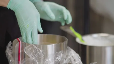 Close-up, Pastry Hands Lay in Cake Shape Layer Biscuit Stock Footage 141043201