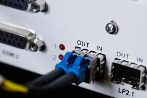 Close-up of patch cable connected in socket Fotos de archivo