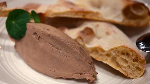 Close up of a pate served with toasted bread on a white plate Stock Footage 331012741