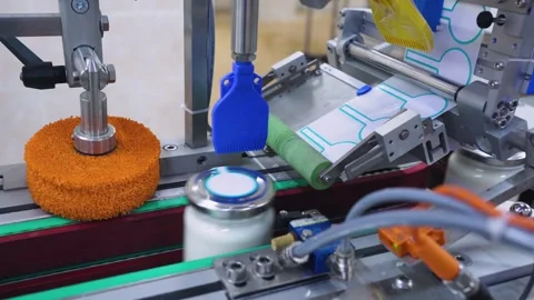 Close-up, pattern, automated conveyor, equipment at a dairy factory. Automatic Stock Footage 279237044