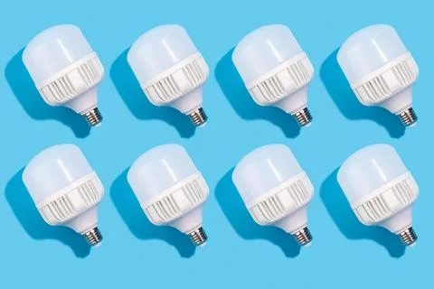 Close up pattern of big led lamps on an isolated blue background. Energy effi Foto stock