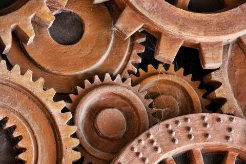 Close up pattern of sculpture using old rusted gears Stock Photos