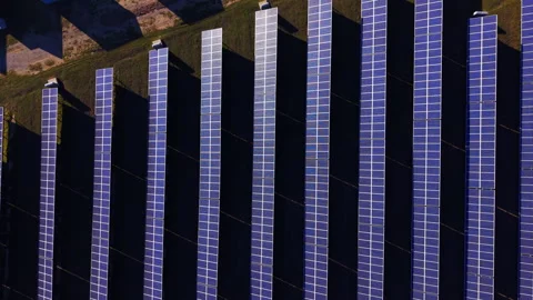 Close up pattern of vertical solar panel rows in sunlight, Bulgaria Video stock 335689933