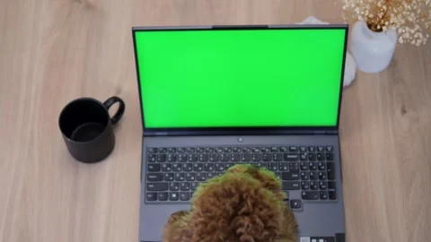Close-up of paws of brown colored tom poodle dog working on laptop with green Stock Footage 272572679