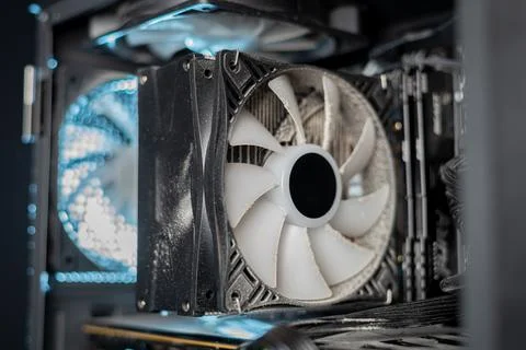 Close-up of a PC cooling system, a dirty radiator from a computer Stock Photos