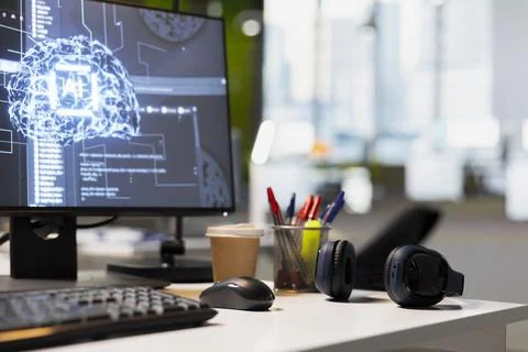 Close up of PC screen in AI startup office desk displaying neural networks code Stock Photos