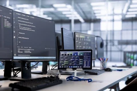 Close up of PC screen and tablet on desk used for monitoring data center devices Foto stock