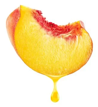 Close-up of peach slice with juice drop on plain background Stock Photos