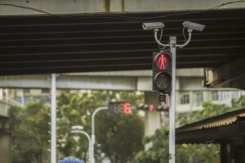 Close up of pedestrian red light traffic light showing red light under the highw Stock Photos