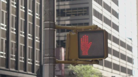 CLOSE UP: Pedestrian traffic lights raised hand pictogram signaling don't walk 스톡 동영상 71787565