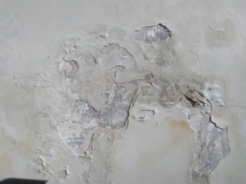 Close-up of peeling paint and damaged plaster on a wall. Fotos Stock