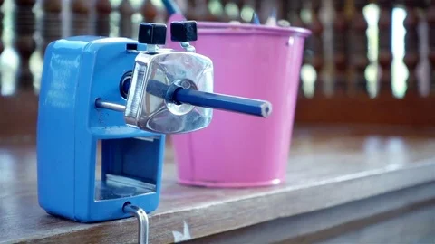 Close-up of pencil sharpener, slow motion shot Stock Footage 76089241