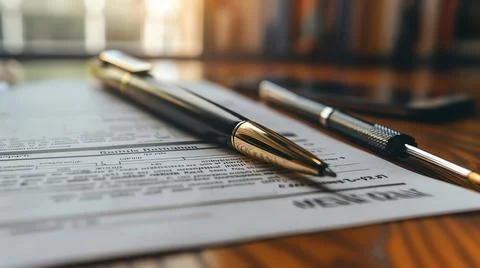 Close-up of pens on a contract document, depicting legal, business, and agree Foto stock