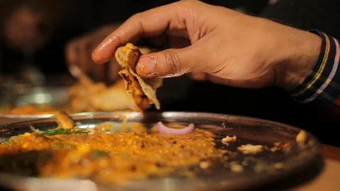 Close Up Of People Eating Indian Traditional Food With Hands In The Restaurant,  Stock Footage