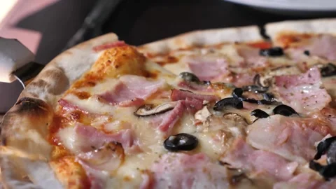 Close up of people hands taking slices pizza from food tray SLO MO DS Lifting a Stock-Footage 336586738