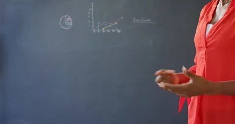 Close up of people talking to the camera, presenting data on chalkboard, Stock Footage 346366576