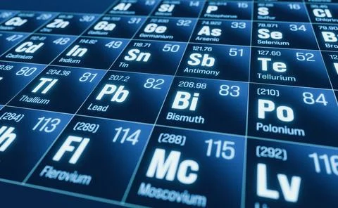  Close up periodic table of the elements, lead, bismuth, thallium, antimon... Stock Photos