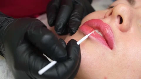 Close up of permanent lip makeup Video stock 146484995