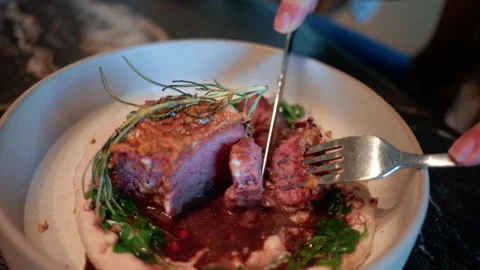 Close up of person cutting gourmet medium rare steak with knife and fork in.. Vídeos de archivo 339639943