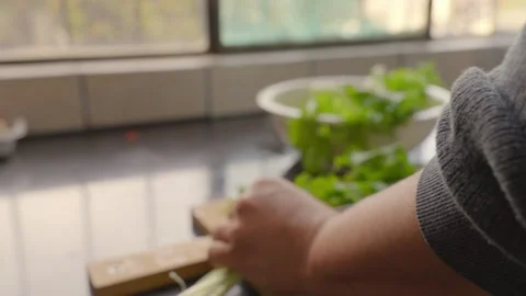 Close up of person hands cutting vegetables on wooden board in kitchen Vídeo Stock 338143733