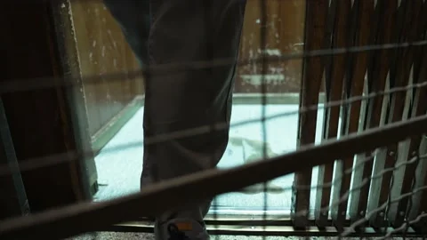 Close up of a person in the old antique elevator arriving at the floor of Stock Footage 160091225