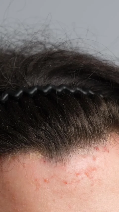 Close-up of a person s forehead with acne and irritation along the hairline 스톡 동영상 324851342
