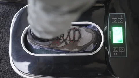 Close-up of person in sneakers using automatic shoe cover dispenser that wraps Stock Footage 321958749