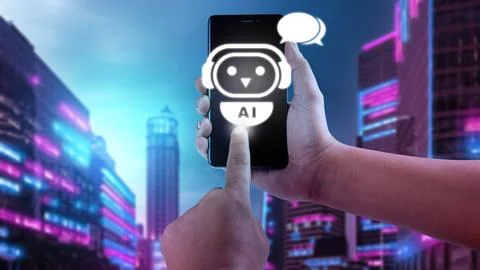 Close-up of a person using an AI chatbot application on their mobile phone,.. Stock Photos