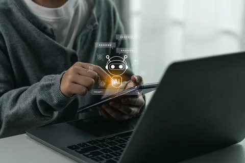 Close-up of person using digital tablet with artificial intelligence chatbo.. Stock-Fotos