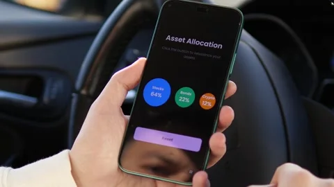Close-up of a person using a financial app in a car to rebalance assets. 스톡 동영상 327319747
