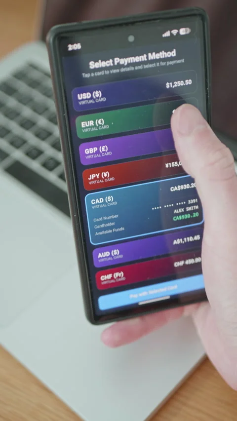 Close up of person using multi currency digital wallet application on smartphone Vídeo Stock 335528743