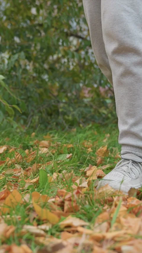 Close up of person walking on grass with fallen autumn leaves ankle height Stock Footage 342732190