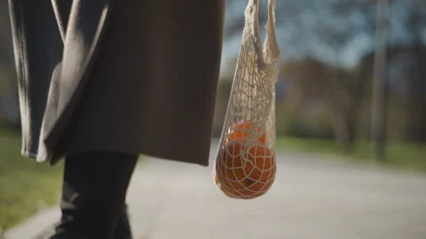 Close up of person walking with oranges in net bag along path under soft Stock Footage 346654785