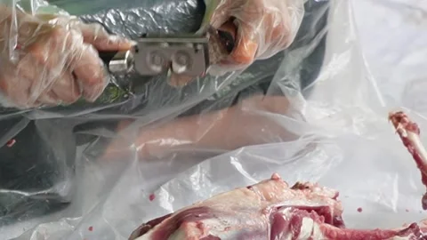 Close-up of a person wearing plastic gloves sharpening a knife with a handheld s Video stock 338047267