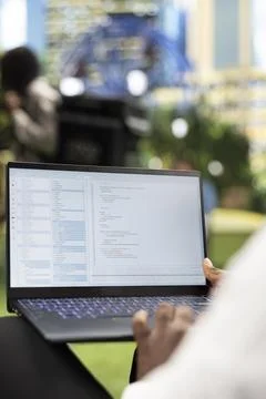 Close up of person working with programming interface and source code Stock Photos