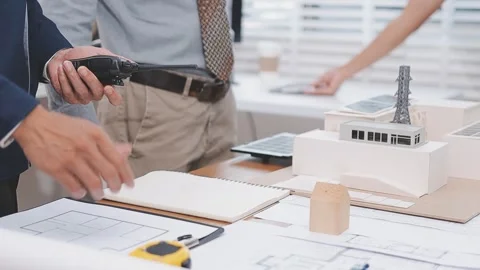 Close-up Of Person's engineer Hand Drawing Plan On Blue Print with architec.. Stock Footage 345607781