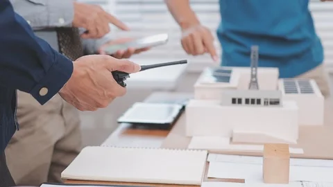 Close-up Of Person's engineer Hand Drawing Plan On Blue Print with architec.. Stock Footage 345607787