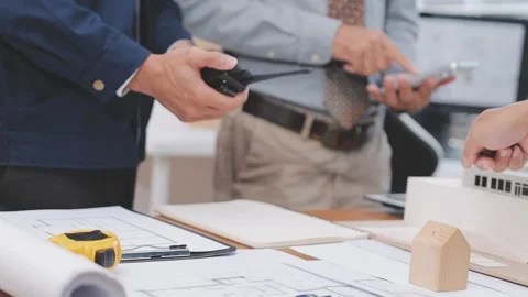 Close-up Of Person's engineer Hand Drawing Plan On Blue Print with architec.. Stock Footage 345607792